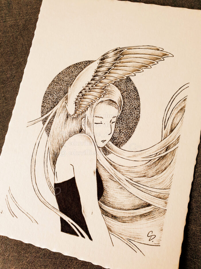 Photo of a black and white drawing. There's a sepia filter on the photo. It's the same character but with a different pose and the wing is placed elsewhere. Her body is turned to the right and leaned back slightly, her right arm is stretched forward. Her hair floats in the same direction. The wing comes out behind her right ear with some black feathers on it. There's a black circle (pointillism) behind her head.