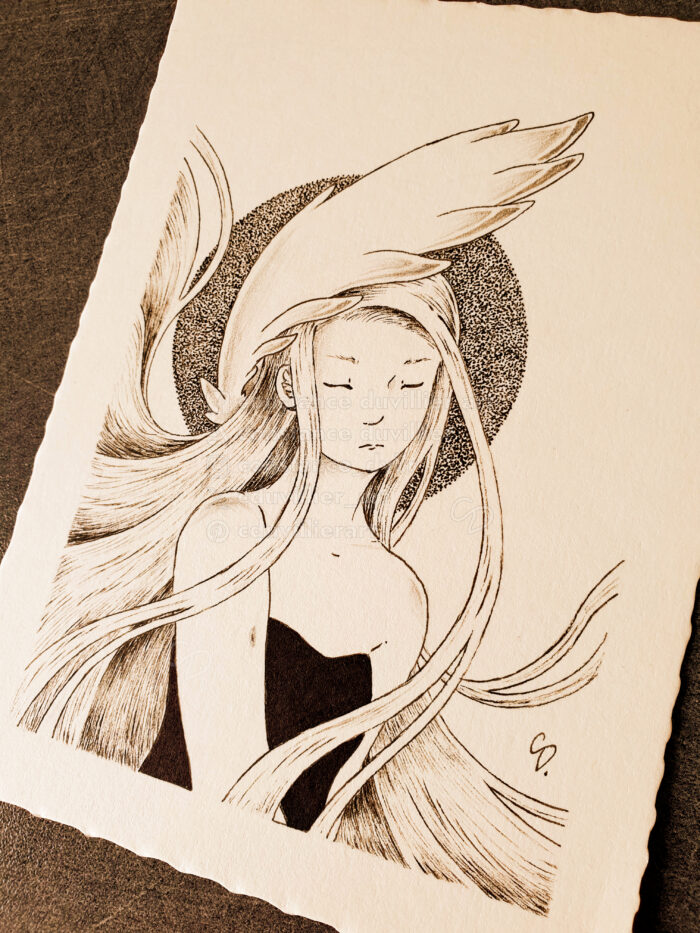 Photo of a black and white drawing. There's a sepia filter on the photo. It's the same character but with a different pose and the wing is placed elsewhere. Her body is turned to the left, her right arm is stretched forward and her other arm moves a little backwards. The wing comes out of the back of her head and the tips of its feathers are gray. Her hair floats more to the left than to the right. There's a black circle (pointillism) behind her head.