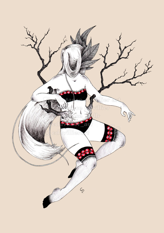 Illustration of a woman. She has white skin, long hair, her face and her neck are hidden by a lock of hair and leaves are coming out of her head. Black branches come out of her hips and cross her arms. She is wearing a dark two-piece swimsuit and long dark socks. The background is beige.