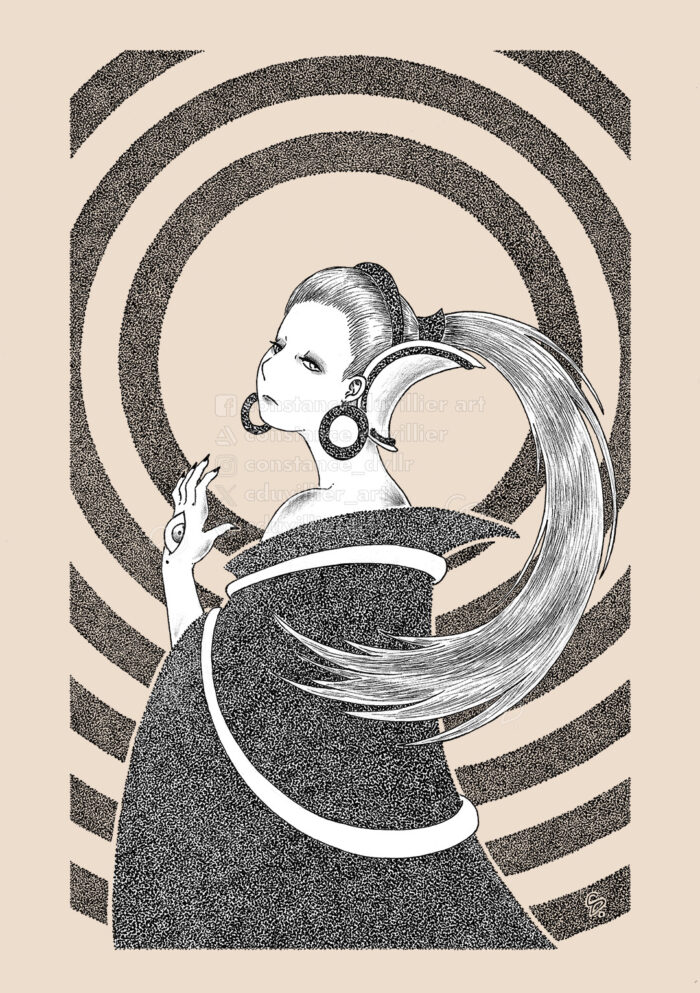 Drawing with beige background, black lines and dots. The character is colored white behind the black lines. A woman wears a long coat made of black dots. She has white skin, a long ponytail and no eyebrows. Her eyes and mouth are made up. The cloak looks like a cape, with two white ornaments around it. We can't see the other parts of her body apart from her neck, left shoulder and left hand. She's wearing black earrings and there's an eye on her hand. She's not smiling, just looking at the spectator. Behind her, there are six rings made of black dots. There is a beige border around the drawing.