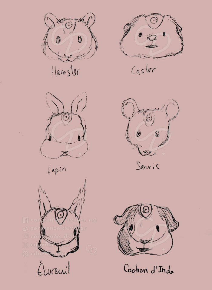 Six sketches with a pink background. There are a hamster and a beaver at the top, rabbit and a mouse in the middle, a squirrel and a guinea pig at the bottom of the picture.