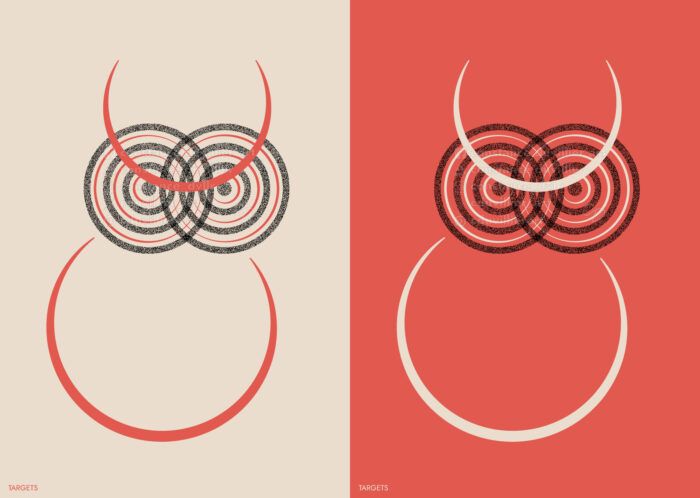 Two vertical posters side by side. Colors used: beige and red. These posters are identical but the colors are switched. There's a stylized owl. A target shape formed by a full circle and three rings is split, all black and made of dots (pointillism). Between each black ring is a beige or red ring. The two shapes represent the owl's eyes and head, while the bottom of the black rings' intersection forms its beak. Two other colored circles form the owl's body and its ear tufts, both of which are slightly cropped. These circles are like thin crescent moons. A title is written at bottom left, “Targets”, in beige or red.