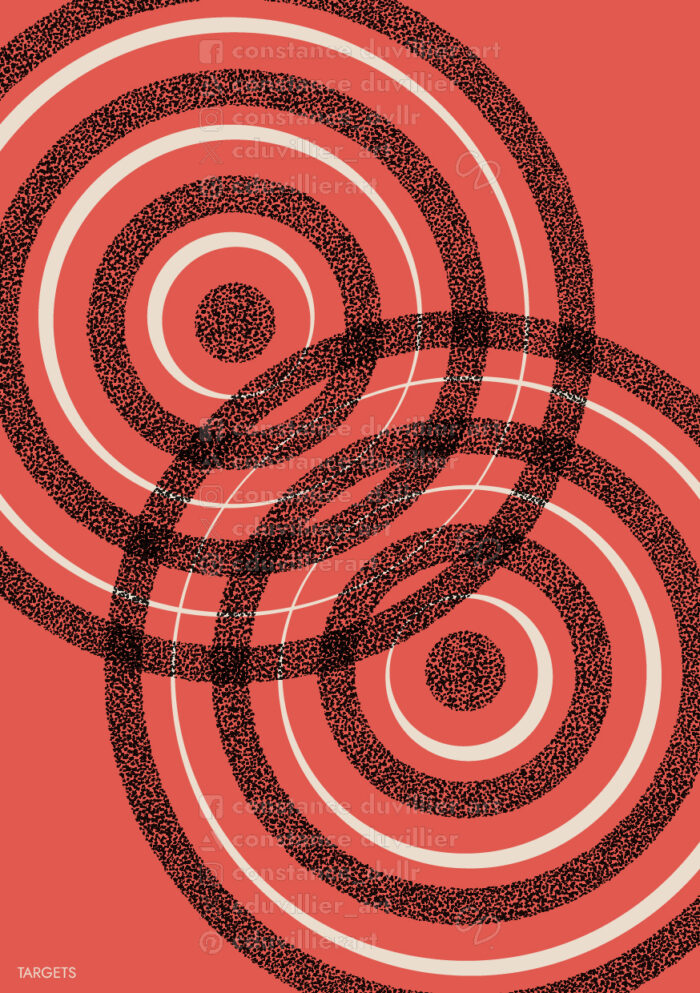 Vertical poster. Colors used: beige and red. A target shape formed by a full circle and three rings is split, all black and made of dots (pointillism). Between each black ring is a beige ring. The two shapes touch and are placed diagonally, protruding from the picture. The background is red. A title is written at bottom left, “Targets”, in beige.
